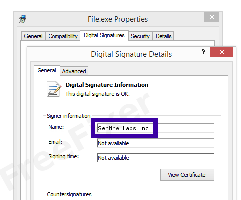 Screenshot of the Sentinel Labs, Inc. certificate